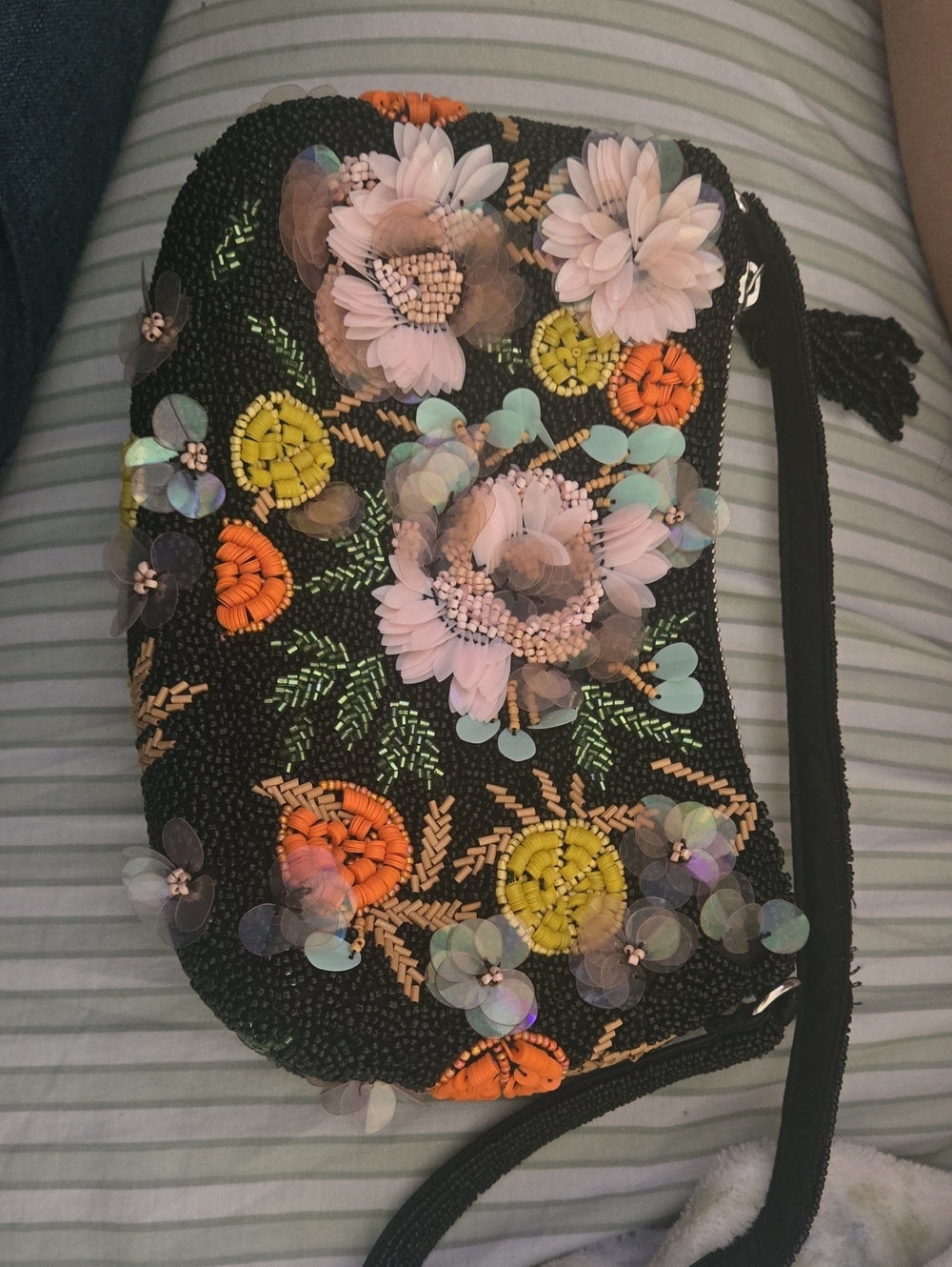 Black Beaded Floral Crossbody Bag with Pink and Orange Accents
